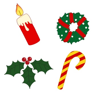 ４つのクリスマスのオーナメント　１ オーナメント,リース,ひいらぎ,ろうそく,ステッキ,クリスマス,飾り,教材,保育園,幼稚園のイラスト素材