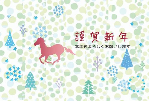 年賀状うま＿北欧風02 年賀状,午,北欧風,雪,シルエット,森,木,緑,結晶,針葉樹のイラスト素材