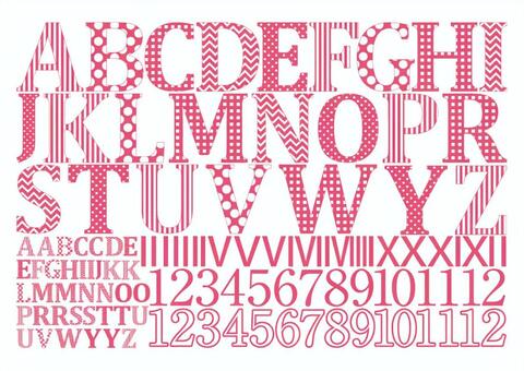 ピンク色柄入り英字と数字素材 英字,数字,文字,フォント,タイポグラフィ,装飾文字,文字素材,デザイン,水玉,ストライプのイラスト素材