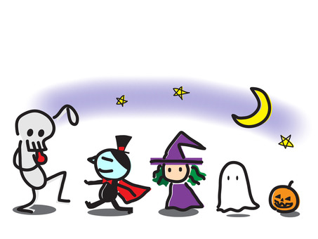 ハロウィンのオバケの行進 ハロウィン,オバケ,ガイコツ,ドラキュラ,魔女,ゴースト,幽霊,カボチャ,夜,行進のイラスト素材