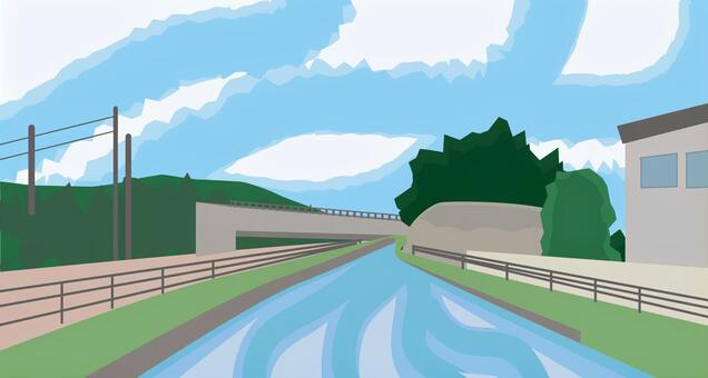 河川　　 河川,橋,水路,流れ,田舎,地方,風景,自然,空のイラスト素材