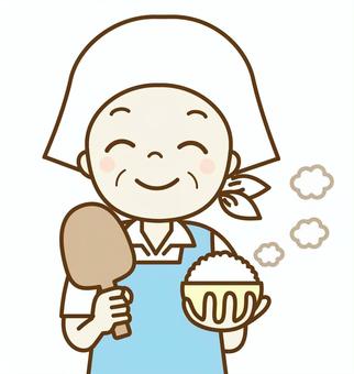 給食のおばちゃん ご飯,お米,米,お茶碗,どんぶり,大盛,しゃもじ,よそう,盛る,湯気のイラスト素材