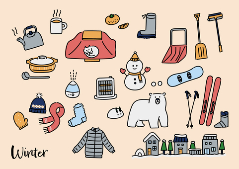 冬の手描き風素材（ラインあり） 冬,こたつ,みかん,雪だるま,土鍋,ニット帽,マフラー,手袋,スノースクイージー,ダウンジャケットのイラスト素材