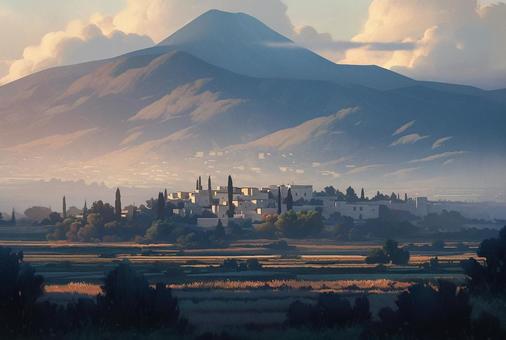 Illustration, mountain, natural, townscape, 