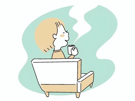 リラックスしてコーヒーを飲む　グリーン インドア,リラックス,くつろぐ,人,人物,一人,コーヒー,部屋,インテリア,屋内のイラスト素材