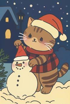 サンタ雪だるまを作る猫 サンタ雪だるまを作る猫 冬,雪,雪だるま,猫,積雪,夜,夜景,家,街灯,動物のイラスト素材
