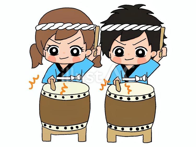 二人で和太鼓　青７ 手描き,男の子,女の子のイラスト素材