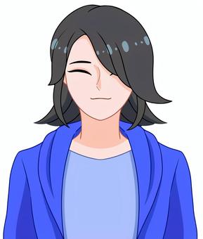 笑顔の中性的なキャラのイラスト 笑顔の中性的なキャラのイラスト 人物,手描き,シンプル,正面,大人,学生,外ハネ,黒髪,つり目,笑顔のイラスト素材