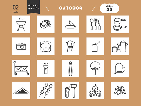 アウトドアのアイコンセット02 アウトドア,キャンプ,アイコン,セット,線画,道具,ツール,用品,趣味,バーベキューコンロのイラスト素材