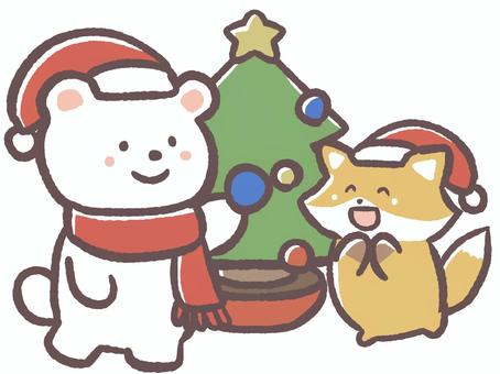 冬のクリスマスツリーの飾り付けをする動物 クリスマス,冬,12月,クリスマスツリー,植木鉢,木,星,飾り付け,シロクマ,狐のイラスト素材