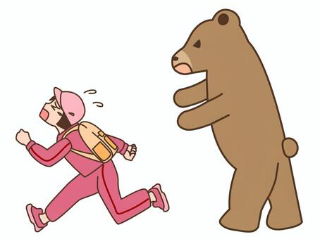 危険！注意喚起・クマに遭遇して逃げる女性 熊,逃げる,遭遇,登山,ハイキング,危険,注意,警告,怖い,走るのイラスト素材
