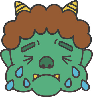 泣いている緑鬼の顔のイラスト 節分,２月,緑鬼,鬼は外,泣いた,鬼,泣く,おに,悲しい,寂しいのイラスト素材