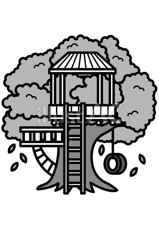 ツリーハウス-2c ツリーハウス,木,はしごのイラスト素材