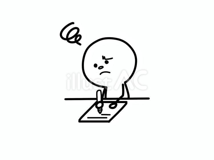 悩みながら机で書き物をする人　勉強をする 棒人間,書く,描くのイラスト素材