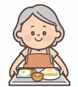 トーストセットを持っているおばあさん モーニング,朝ごはん,トースト,目玉焼き,喫茶店,食べ物,配膳,自炊,おばあさん,高齢者のイラスト素材