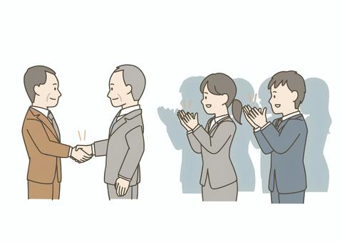 握手を交わす上司と拍手する部下たち 上司,管理職,役員,握手,ビジネスマン,拍手,ビジネスシーン,会社員,職場,成功のイラスト素材