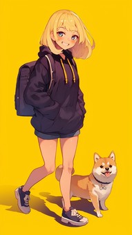 柴犬と散歩する金髪の少女