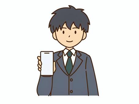 スマホを見せるスーツ男性