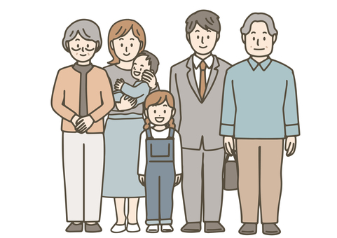 3世代が揃った大家族 3世代,家族,大家族,祖父母,両親,子供,赤ちゃん,高齢者,団欒,集合のイラスト素材