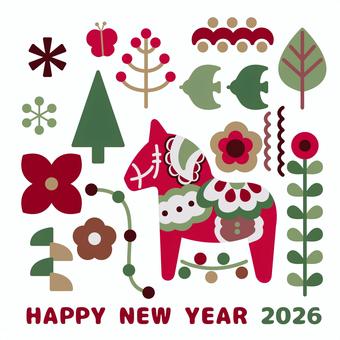 ダーラナホースのWEB用正方形年賀状 年賀状,午年,ダーラナホース,2026,北欧風,2026年,年賀,正方形,テンプレート,午のイラスト素材