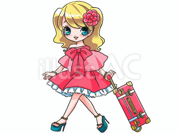 旅行に行く女の子 キャリーバッグ,巻き髪,まつ毛のイラスト素材