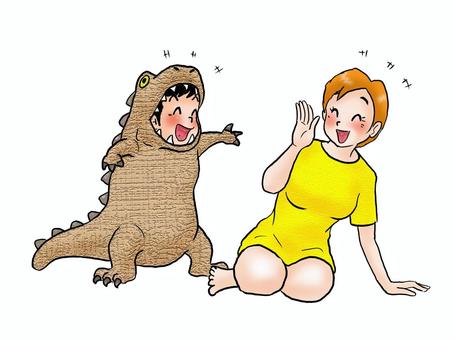 恐竜のいる風景 人物,こども,男の子,着ぐるみ,恐竜,大人,女性,笑顔,お母さん,親子のイラスト素材