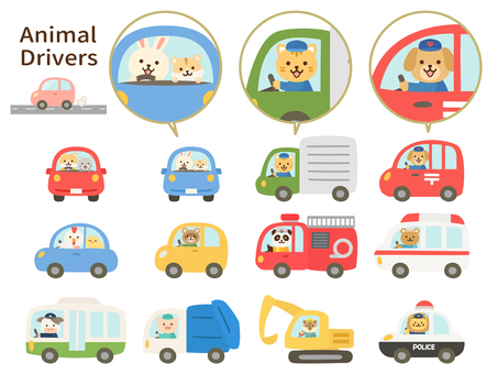 くるま_働く動物ドライバーセット 車,動物,運転,自動車,乗り物,手描き,トラック,乗用車,普通車,救急車のイラスト素材