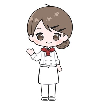 片手をあげる料理人　パティシエ　女性 コックコート,調理服,料理人,調理師,制服,職人,仕事,職業,女性,人物のイラスト素材