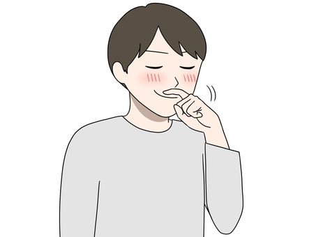 照れて鼻の下を掻く男性 赤面,どんなもんだい,こしこし,それほどでも,晴れやか,自慢げ,得意気,えっへん,どうだ,見せびらかすのイラスト素材