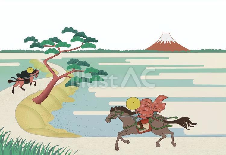 馬に乗って走る　富士と松　北斎より 馬,富士山,松のイラスト素材