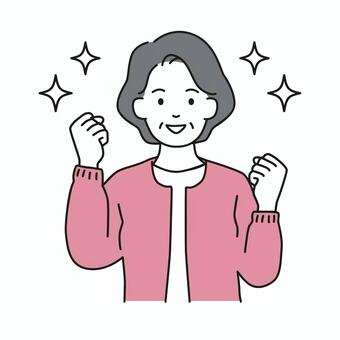 ガッツポーズで喜ぶシニア女性の上半身 ガッツポーズ,笑顔,喜び,達成,成功,意気込み,やる気,元気,健康,自信のイラスト素材