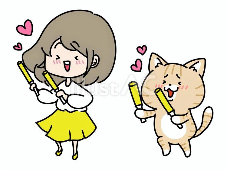 推し活！イエロー担当の女の子と猫ちゃん 黄色,推し活,推しのイラスト素材