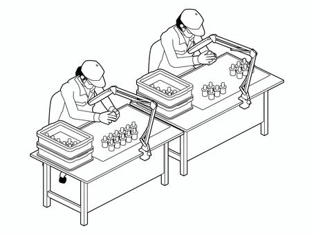 製造工場の目視検査B（線画） 検査,目視,工場,ライト,ルーペ,拡大鏡,工員,作業員,製品,部品のイラスト素材