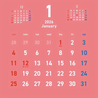 2026カレンダーC3 1月 263 カレンダー,2026年,1月,睦月,january,元日,成人の日,令和8年,日曜始まり,スケジュールのイラスト素材