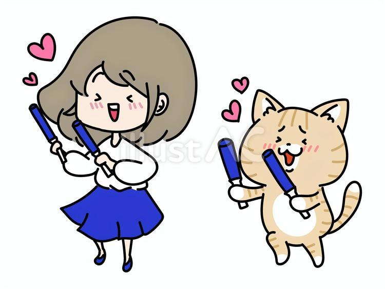 推し活！青担当の女の子と猫ちゃん ブルー,推し活,推しのイラスト素材