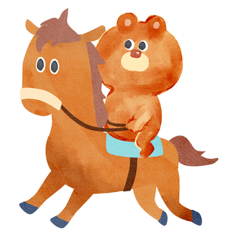 水彩画_馬の乗る_01 熊,動物,手描き,水彩画,水彩,水彩風,水彩画風,馬,乗る,乗馬のイラスト素材