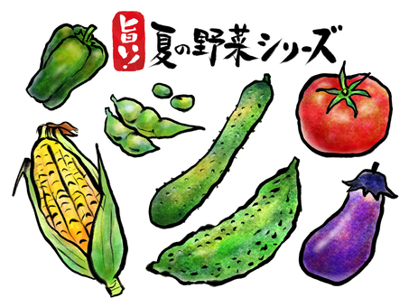 旨い、夏の野菜シリーズ　和風イラスト 野菜,夏,夏野菜,旬,ピーマン,トマト,ゴーヤ,なす,とうもろこし,枝豆のイラスト素材