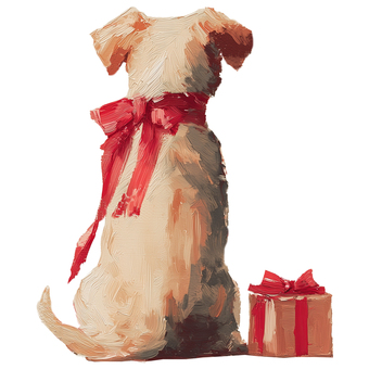 クリスマスプレゼントと犬の後ろ姿 クリスマス,後ろ姿,背中,厚塗り,油絵風,手描き,プレゼント,かわいい,動物,ほっこりのイラスト素材