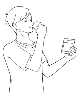 サプリを飲む男性の白黒イラスト 飲む,サプリメント,薬,男性,美容,ビューティー,ダイエット,健康,画像,白黒のイラスト素材