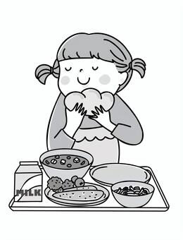 美味しい給食１モノクロ 給食,小学校,美味しい,女の子,パン,牛乳,スープ,サラダ,健康,栄養のイラスト素材