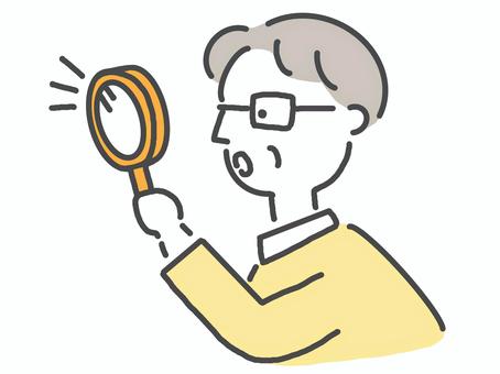 虫眼鏡を覗くおじいさん 虫眼鏡,ルーペ,調べる,見る,男性,研究,覗く,喜ぶ,観察,見つけるのイラスト素材
