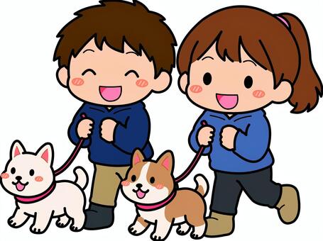 紺の犬の散歩の人たちです。 犬,散歩,シンプル,ペット,飼い主,リード,首輪,屋外,運動,歩行のイラスト素材