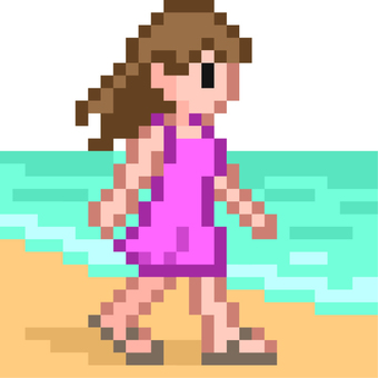 ドット絵のビーチを歩くピンク服の少女です ドット絵,ビーチ,シンプル,ワンピース,少女,海岸,砂浜,波,夏,歩くのイラスト素材