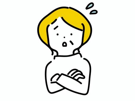 不安で戸惑うシニアの女性のイラスト 不安,戸惑う,焦る,腕組み,汗,女性,シニア,年配,おばさん,心配のイラスト素材