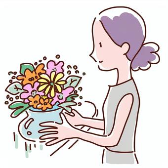 花を飾る女性 女性,主婦,ママ,花,花瓶,フラワーアレンジメント,癒し,綺麗,華やか,彩のイラスト素材