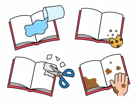 汚れた本セット 本,こぼす,水,はさみ,汚す,切る,図書,イラスト,主線ありのイラスト素材