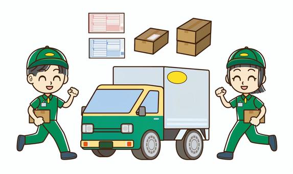 宅配スタッフ＆トラックセット（緑） 宅配便,配達,宅配,宅配スタッフ,作業着,段ボール箱,荷物,トラック,伝票,走るのイラスト素材