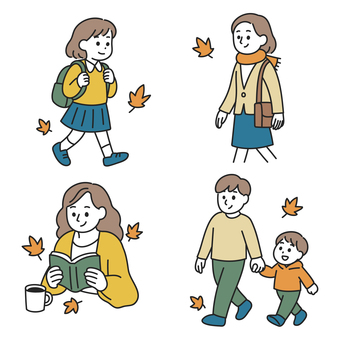 秋の日常を楽しむ人物セット 秋,落ち葉,日常,散歩,読書,家族,子ども,親子,通学,女性のイラスト素材