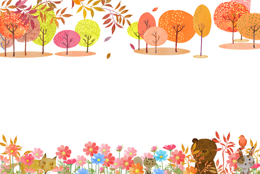   秋の森 花,動物,コスモス,秋,紅葉,植物,チラシ,フレーム,生活,街並みのイラスト素材
