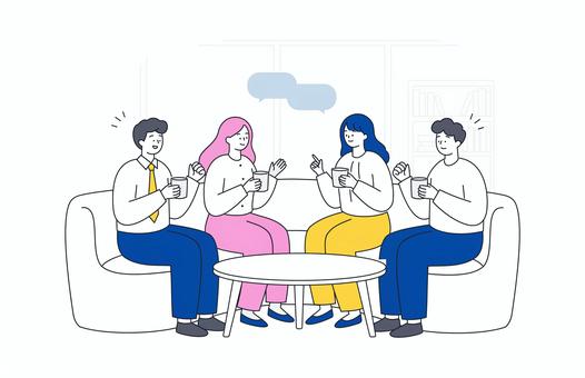 休憩中に雑談するビジネスチーム 人物,男女,ビジネス,休憩,雑談,コーヒー,コミュニケーション,会話,ソファ,リラックスのイラスト素材